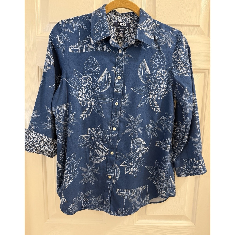 Chaps No Iron Women's M 100%  Cotton Blue White Floral Hawaiian 3/4 Button-Up